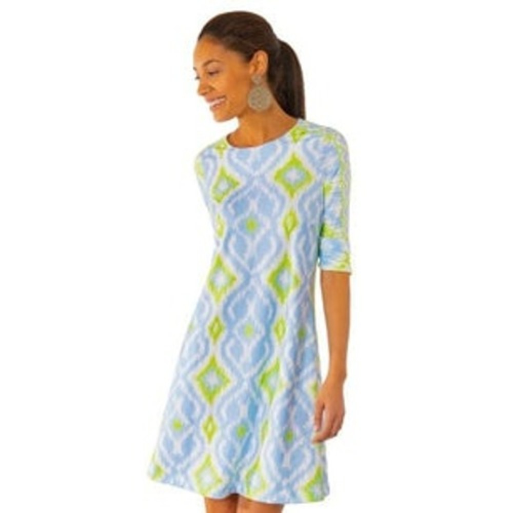 Gretchen Scott Blue Lime Green Ikat Diamond Shift Dress Pockets Size M